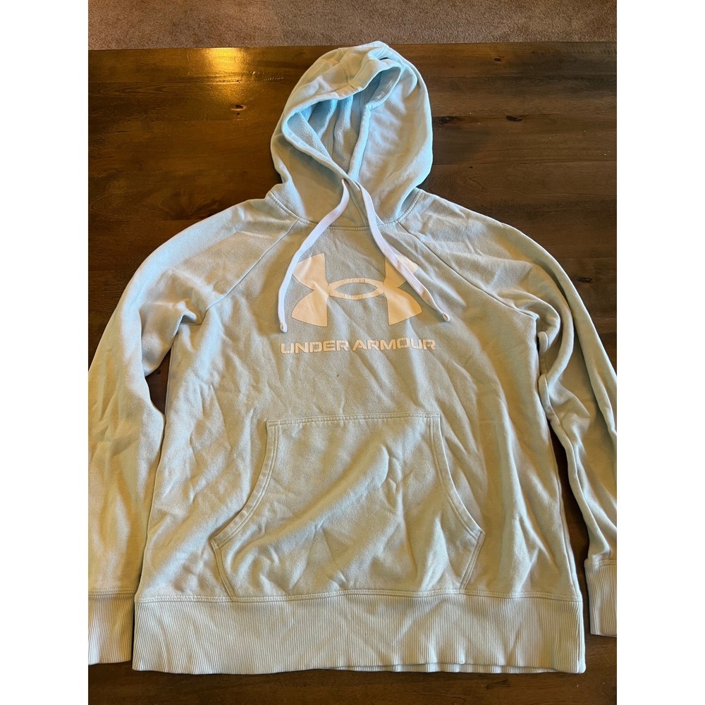 Under Armour Womens Rival Fleece Hoodie Light Blue Logo Pullover Small Loose Fit